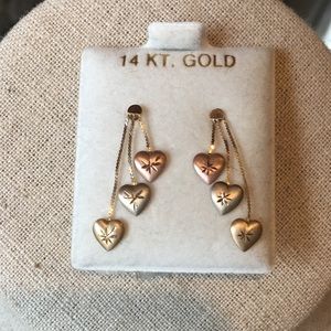 14KT Tri-Color Gold Heart Dangle Earrings